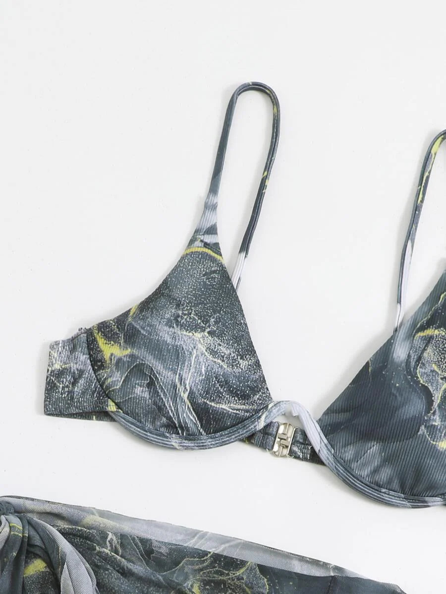 Mermer Desenli Düğümlü Bohem Bikini Takımı Niebbla