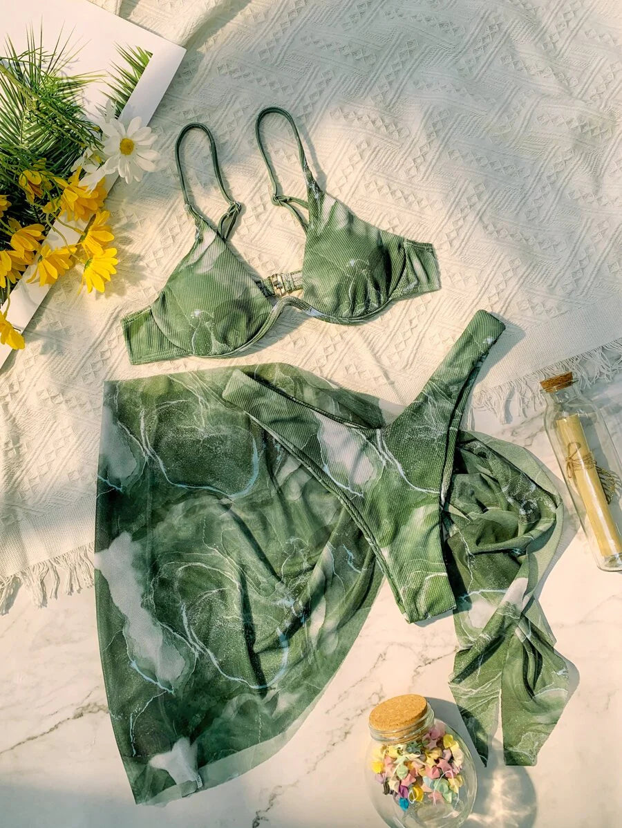 Mermer Desenli Düğümlü Bohem Bikini Takımı Niebbla