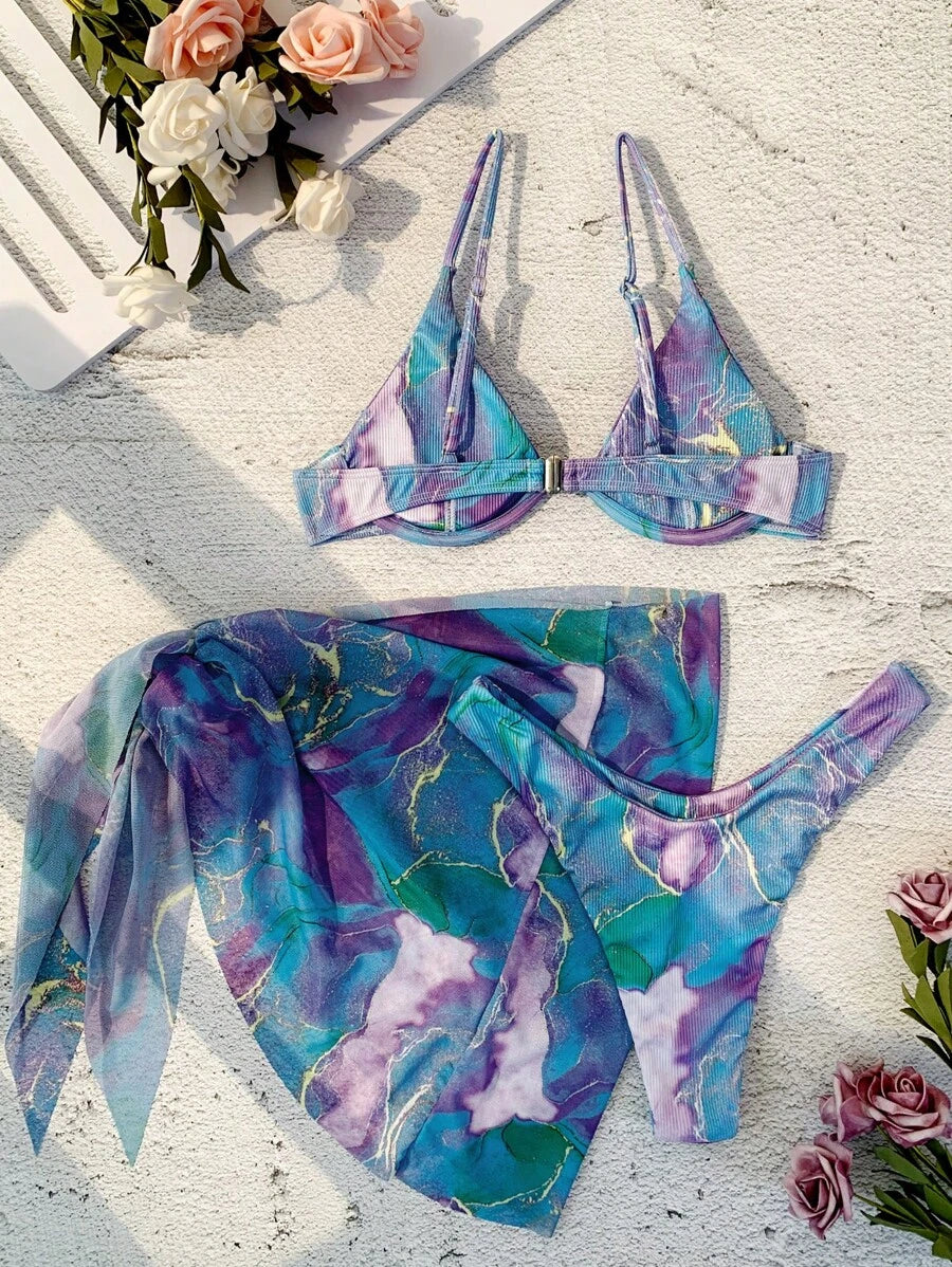 Mermer Desenli Düğümlü Bohem Bikini Takımı Niebbla