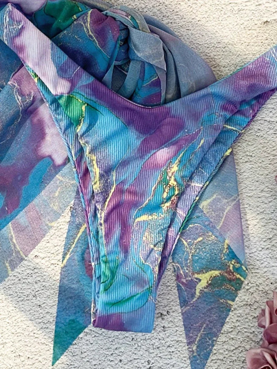 Mermer Desenli Düğümlü Bohem Bikini Takımı Niebbla
