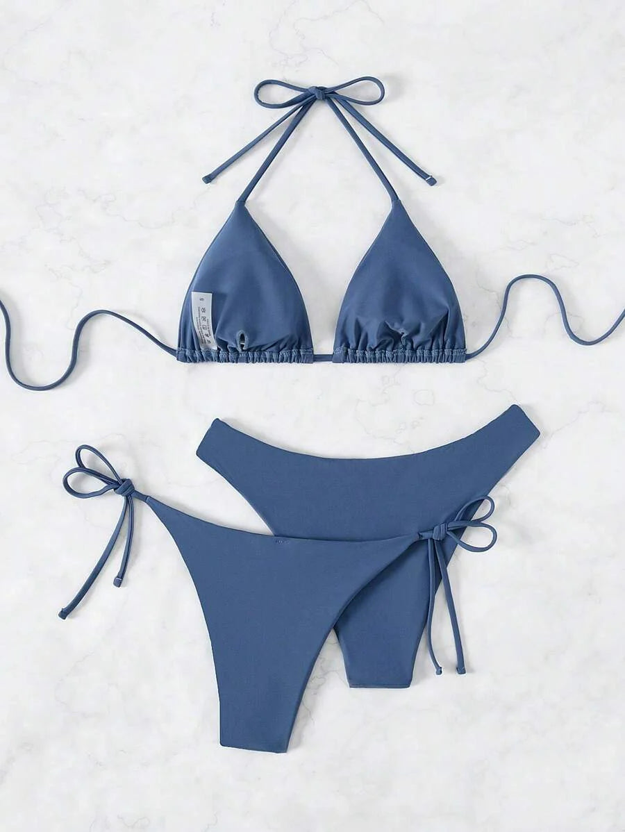 3 Parça Halter Üst + Üçgen Alt + Bağcıklı Şort Bikini Takımı Niebbla