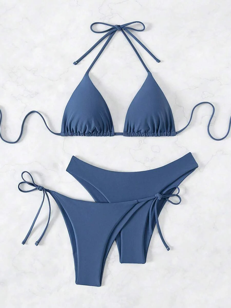 3 Parça Halter Üst + Üçgen Alt + Bağcıklı Şort Bikini Takımı Niebbla