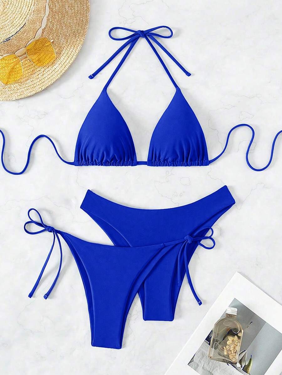 3 Parça Halter Üst + Üçgen Alt + Bağcıklı Şort Bikini Takımı Niebbla