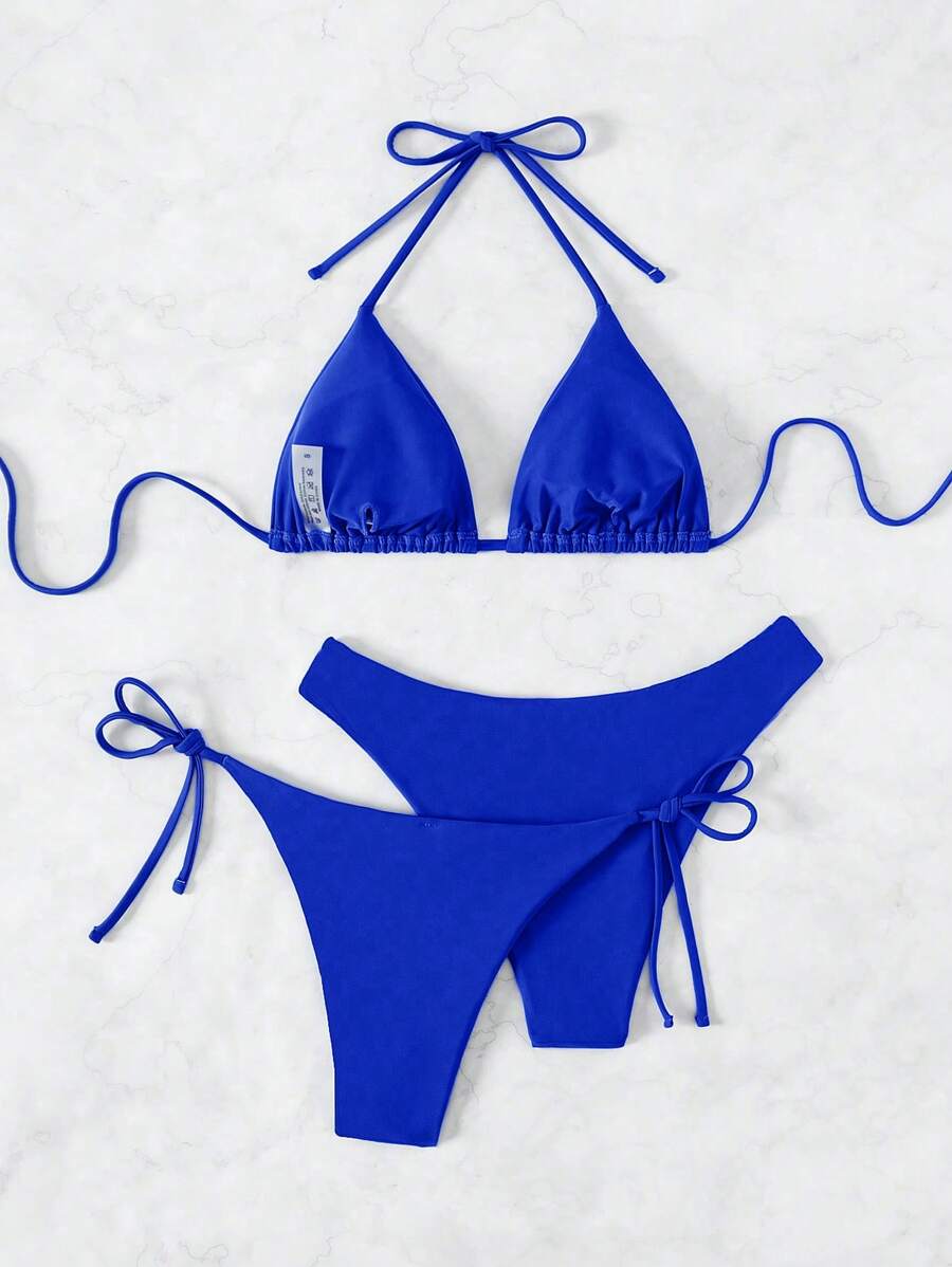 3 Parça Halter Üst + Üçgen Alt + Bağcıklı Şort Bikini Takımı Niebbla