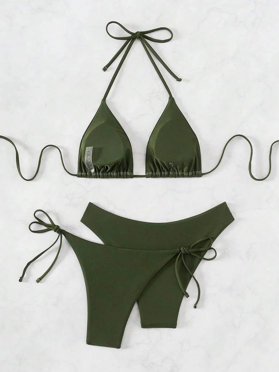 3 Parça Halter Üst + Üçgen Alt + Bağcıklı Şort Bikini Takımı Niebbla