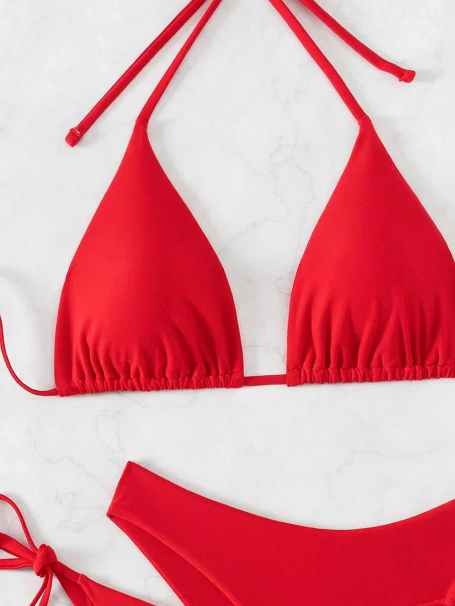 3 Parça Halter Üst + Üçgen Alt + Bağcıklı Şort Bikini Takımı Niebbla