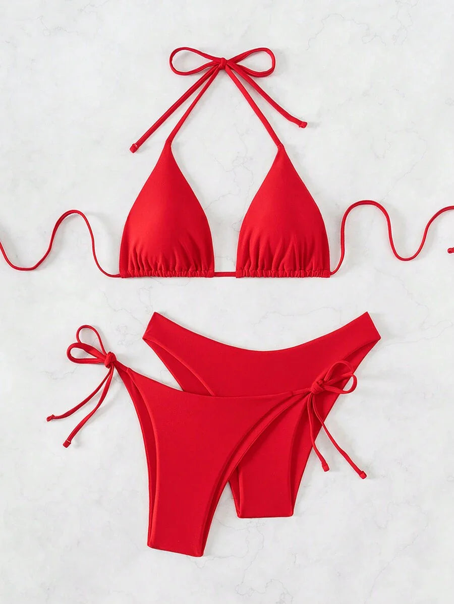 3 Parça Halter Üst + Üçgen Alt + Bağcıklı Şort Bikini Takımı Niebbla