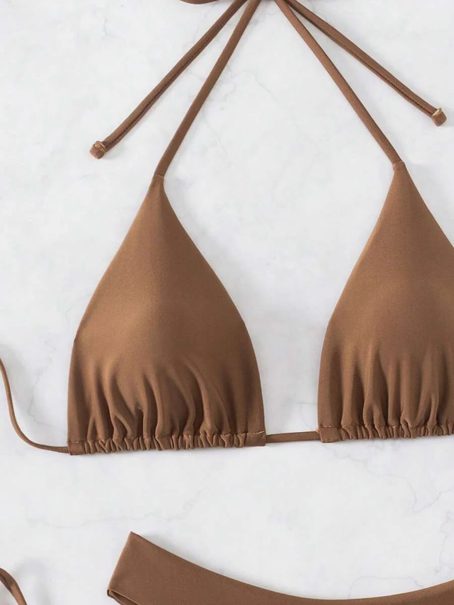 3 Parça Halter Üst + Üçgen Alt + Bağcıklı Şort Bikini Takımı Niebbla