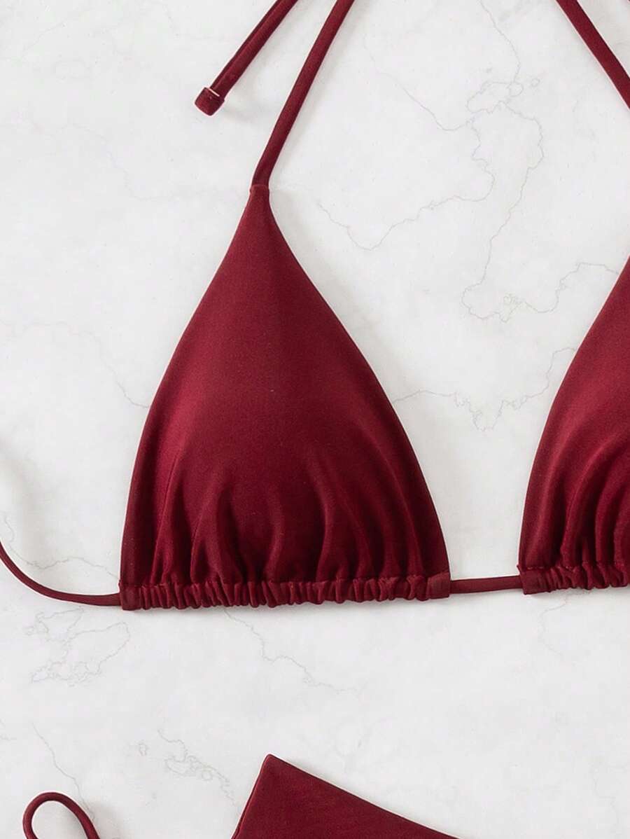 3 Parça Halter Üst + Üçgen Alt + Bağcıklı Şort Bikini Takımı Niebbla