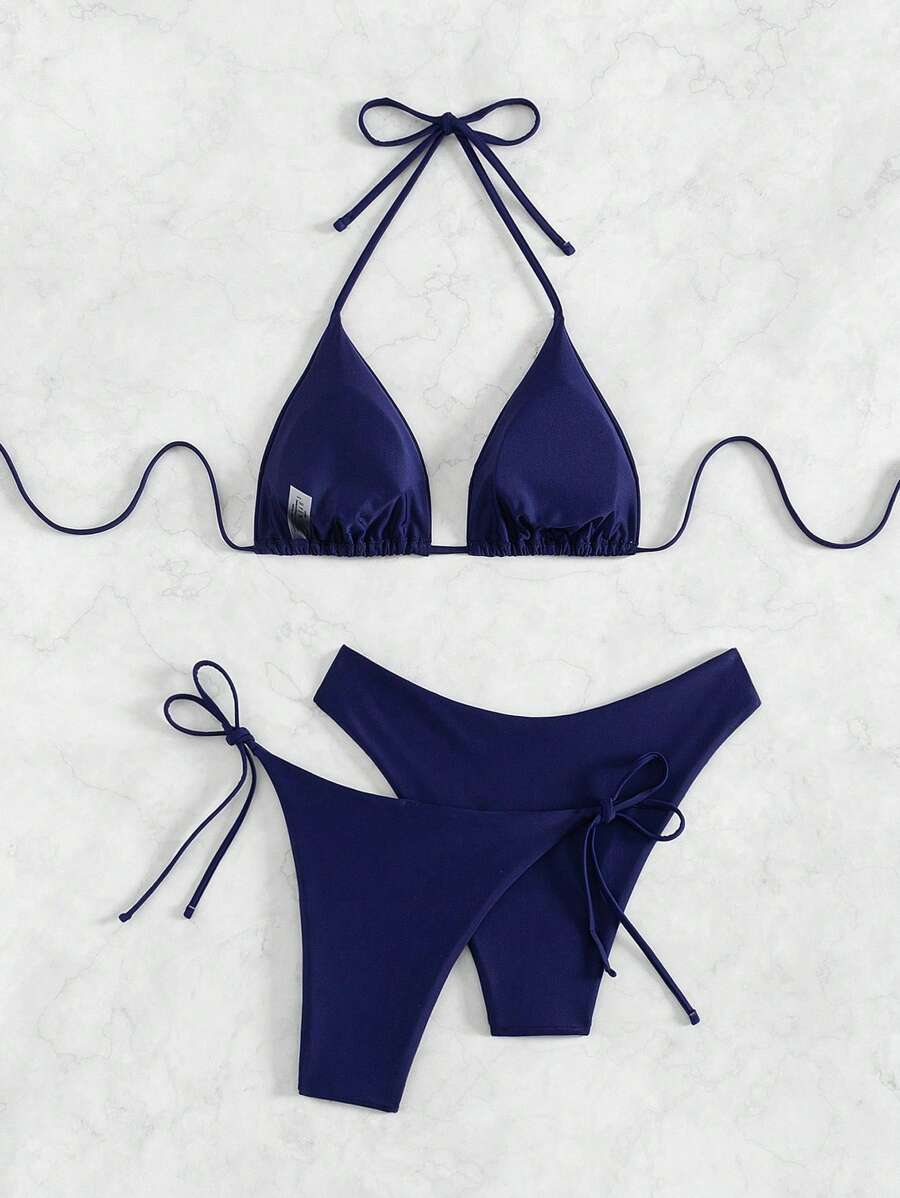 3 Parça Halter Üst + Üçgen Alt + Bağcıklı Şort Bikini Takımı Niebbla