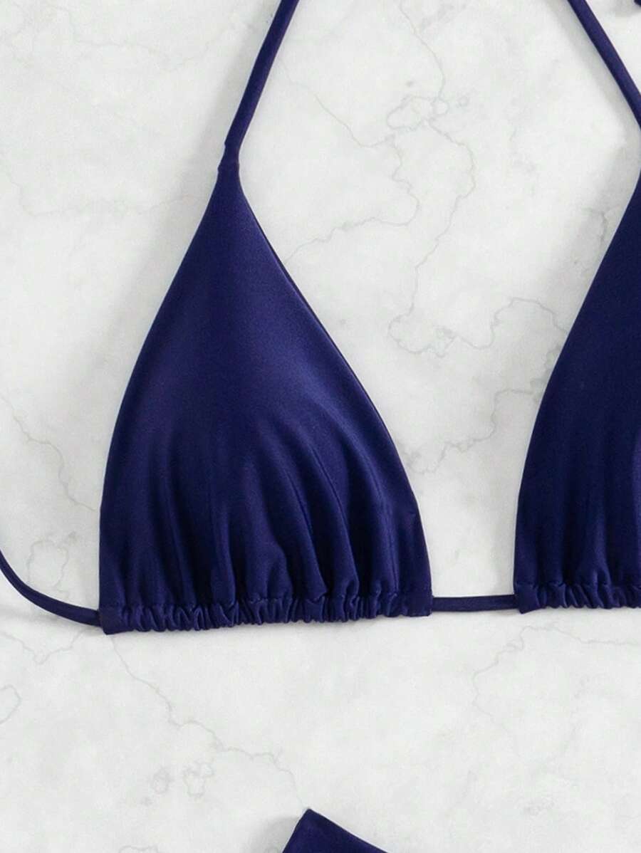 3 Parça Halter Üst + Üçgen Alt + Bağcıklı Şort Bikini Takımı Niebbla
