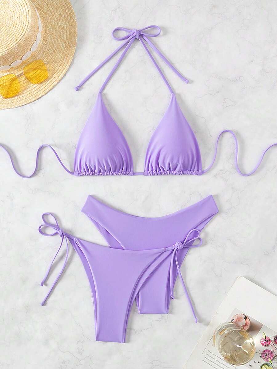 3 Parça Halter Üst + Üçgen Alt + Bağcıklı Şort Bikini Takımı Niebbla