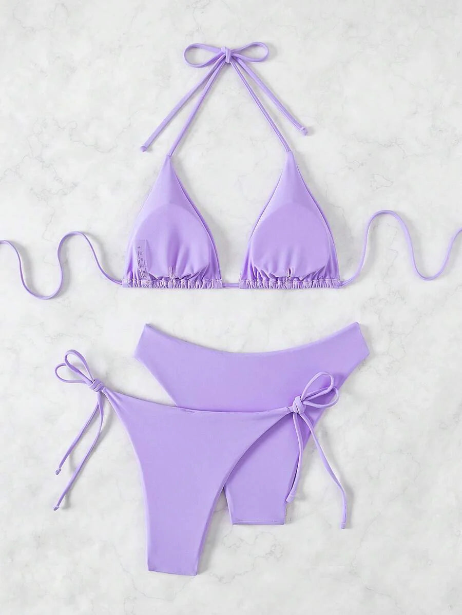 3 Parça Halter Üst + Üçgen Alt + Bağcıklı Şort Bikini Takımı Niebbla