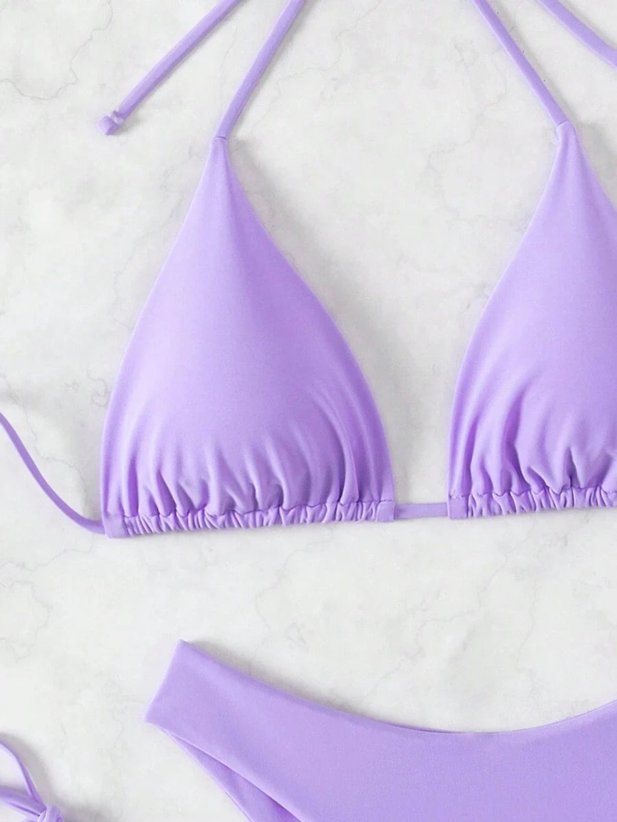 3 Parça Halter Üst + Üçgen Alt + Bağcıklı Şort Bikini Takımı Niebbla