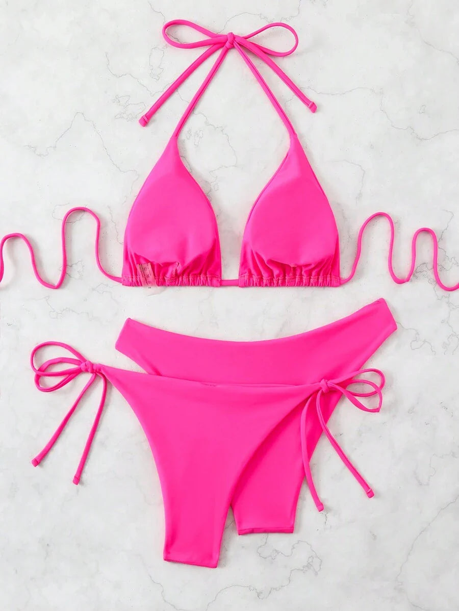 3 Parça Halter Üst + Üçgen Alt + Bağcıklı Şort Bikini Takımı Niebbla