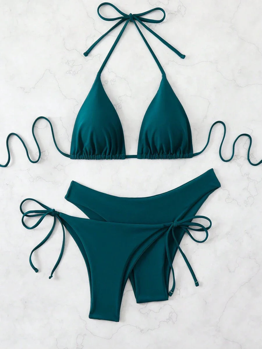 3 Parça Halter Üst + Üçgen Alt + Bağcıklı Şort Bikini Takımı Niebbla