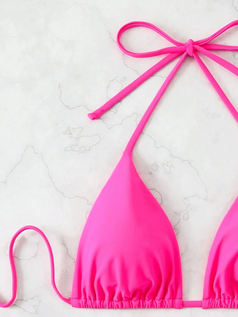 3 Parça Halter Üst + Üçgen Alt + Bağcıklı Şort Bikini Takımı Niebbla