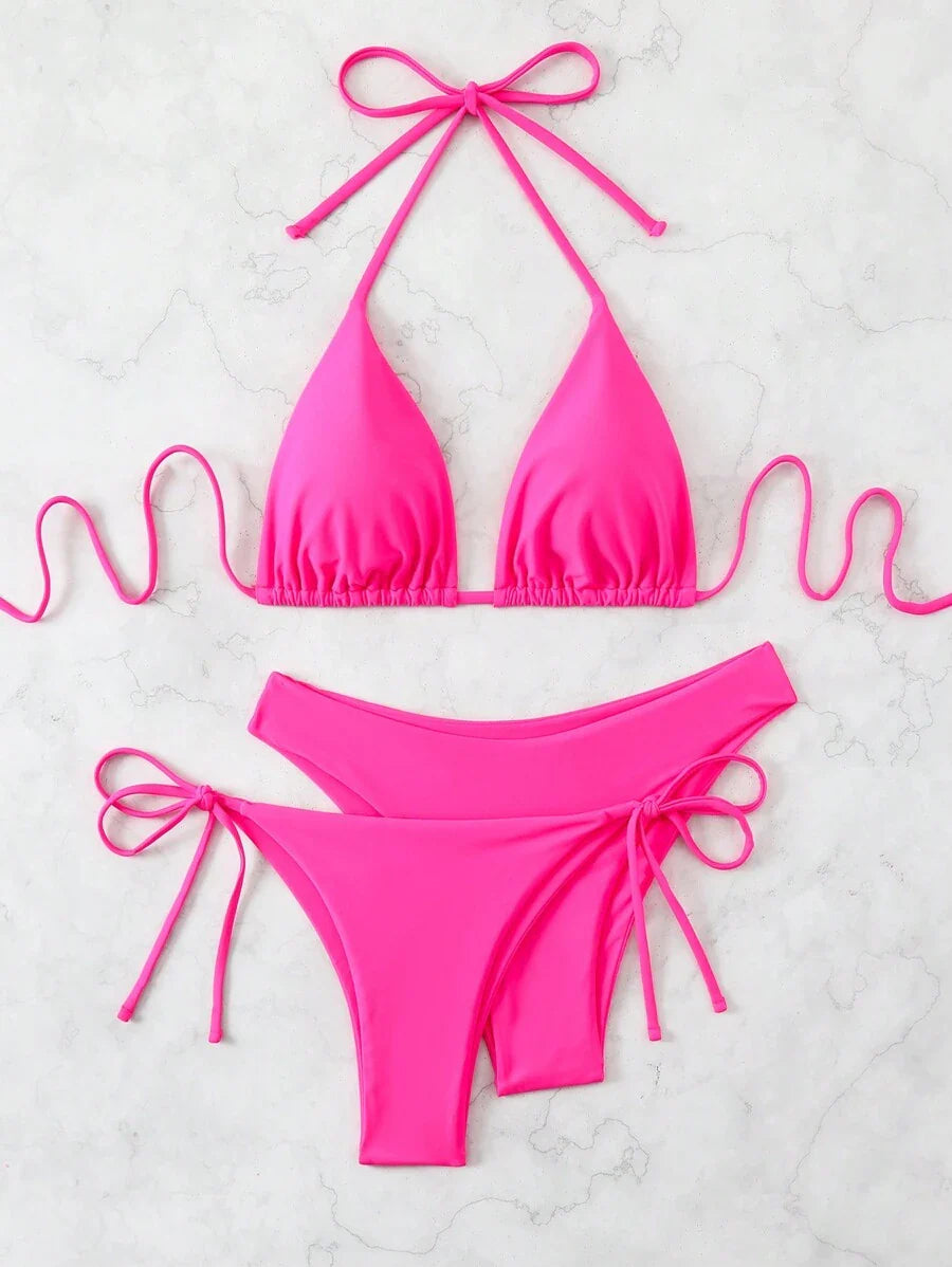 3 Parça Halter Üst + Üçgen Alt + Bağcıklı Şort Bikini Takımı Niebbla