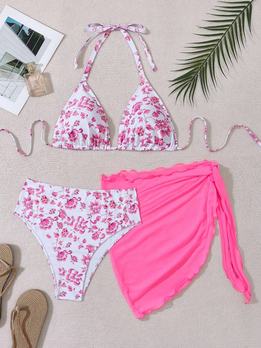 Büyük Beden Boyundan Bağlamalı Baskılı Bikini Takımı Niebbla