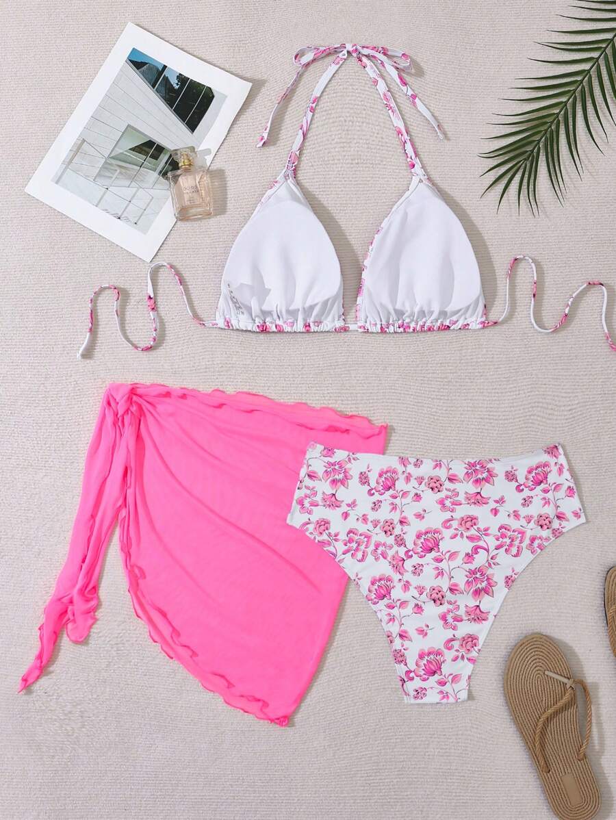 Büyük Beden Boyundan Bağlamalı Baskılı Bikini Takımı Niebbla