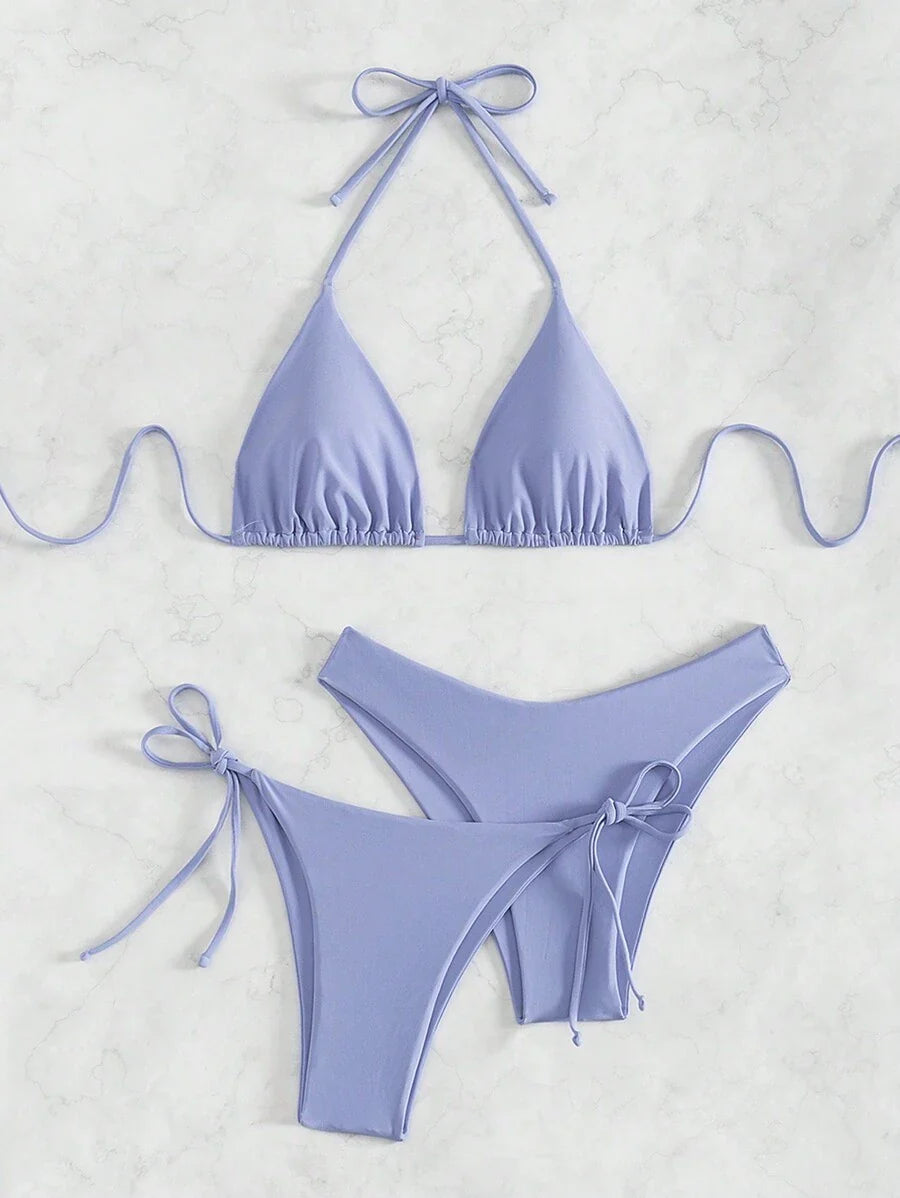 3 Parça Halter Üst + Üçgen Alt + Bağcıklı Şort Bikini Takımı Niebbla