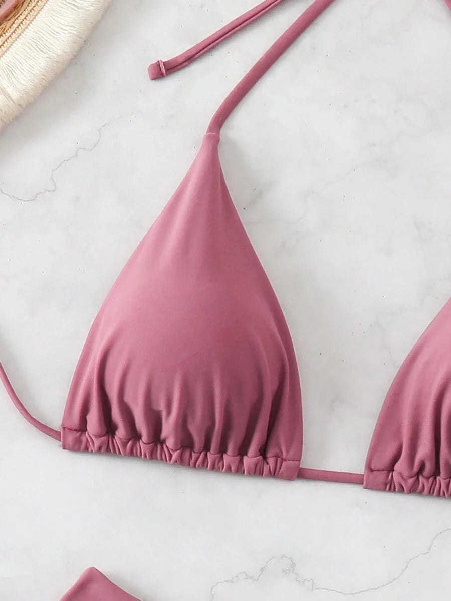 3 Parça Halter Üst + Üçgen Alt + Bağcıklı Şort Bikini Takımı Niebbla