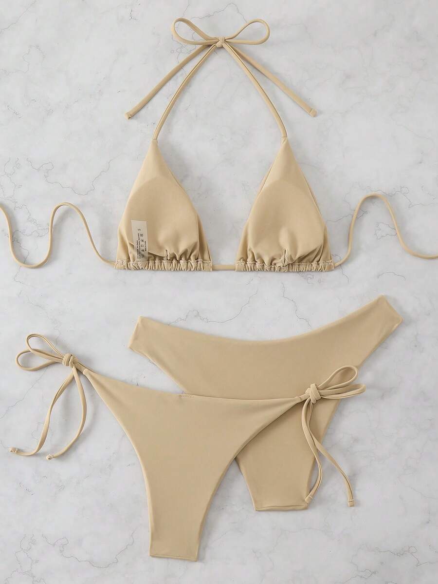 3 Parça Halter Üst + Üçgen Alt + Bağcıklı Şort Bikini Takımı Niebbla