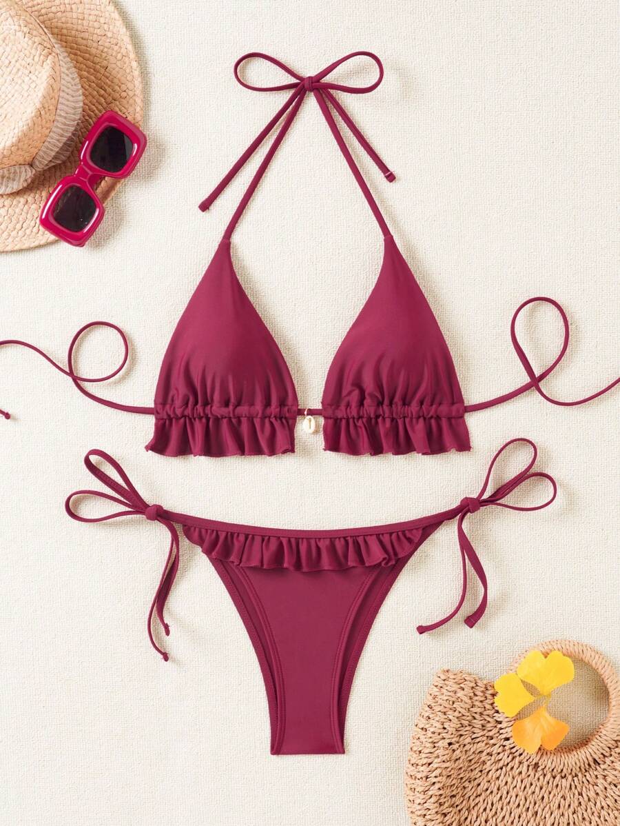 Fırfırlı Askılı Kırmızı Bikini Takımı Niebbla