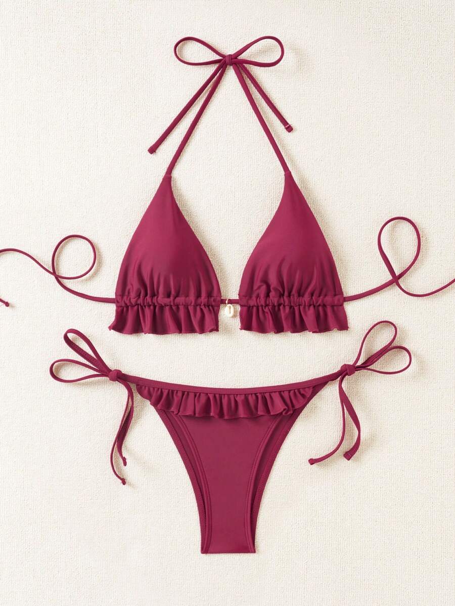 Fırfırlı Askılı Kırmızı Bikini Takımı Niebbla