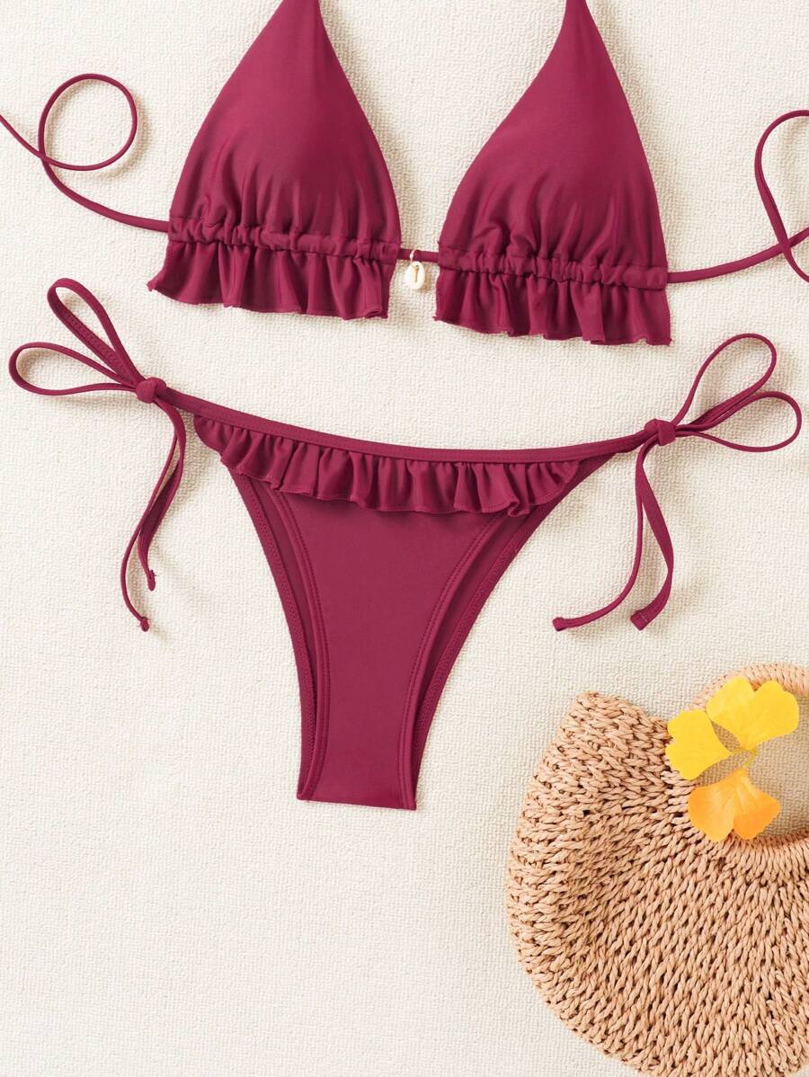 Fırfırlı Askılı Kırmızı Bikini Takımı Niebbla