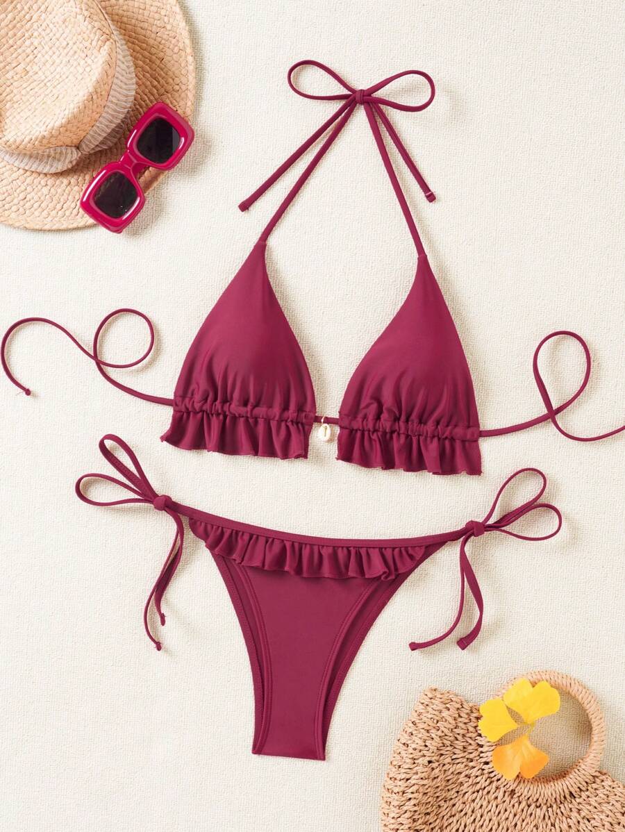Fırfırlı Askılı Kırmızı Bikini Takımı Niebbla