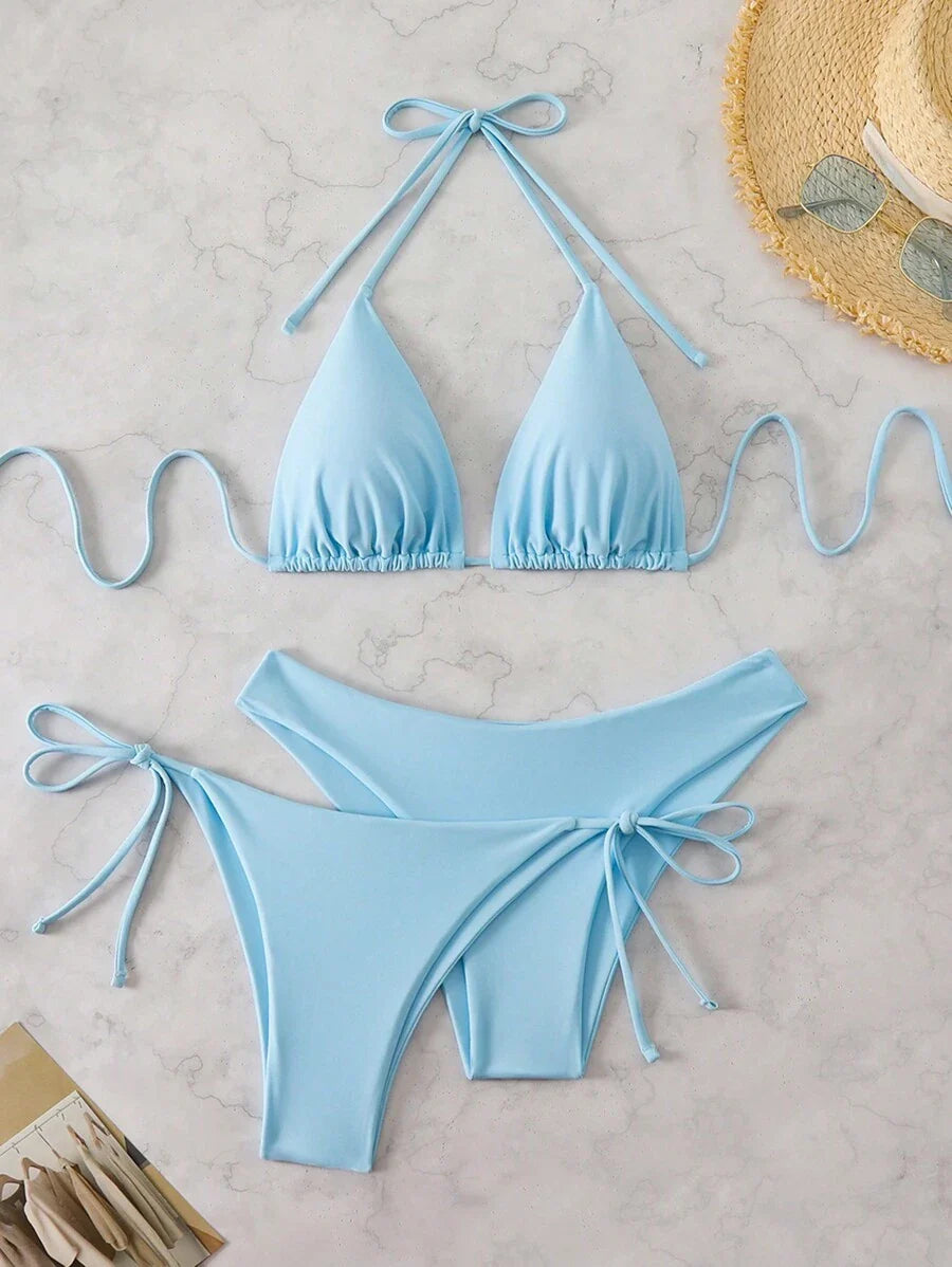 3 Parça Halter Üst + Üçgen Alt + Bağcıklı Şort Bikini Takımı Niebbla