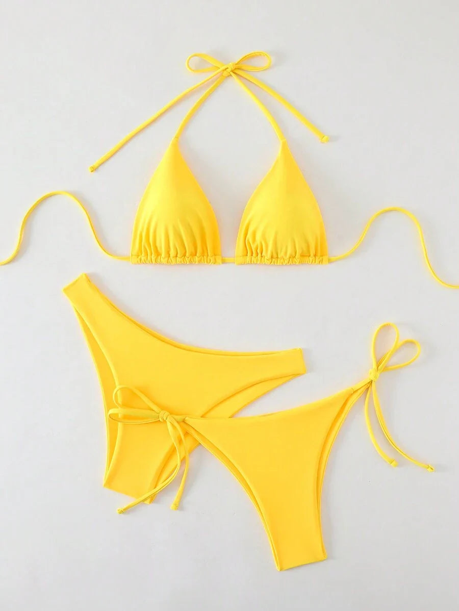 3 Parça Halter Üst + Üçgen Alt + Bağcıklı Şort Bikini Takımı Niebbla