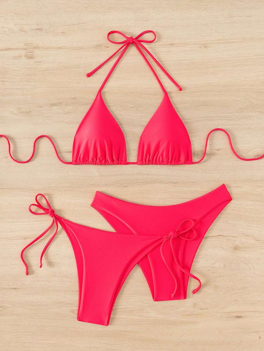 3 Parça Halter Üst + Üçgen Alt + Bağcıklı Şort Bikini Takımı Niebbla