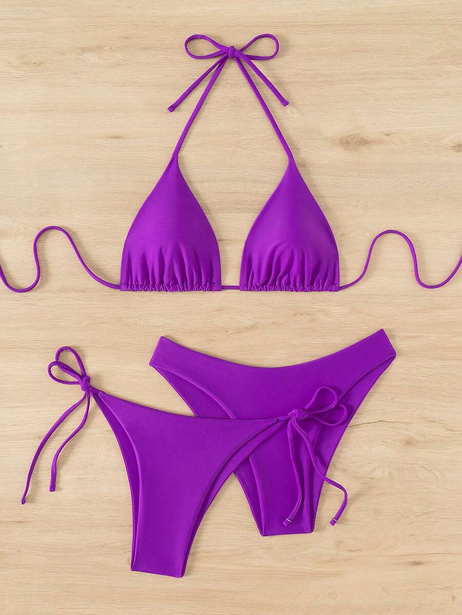 3 Parça Halter Üst + Üçgen Alt + Bağcıklı Şort Bikini Takımı Niebbla