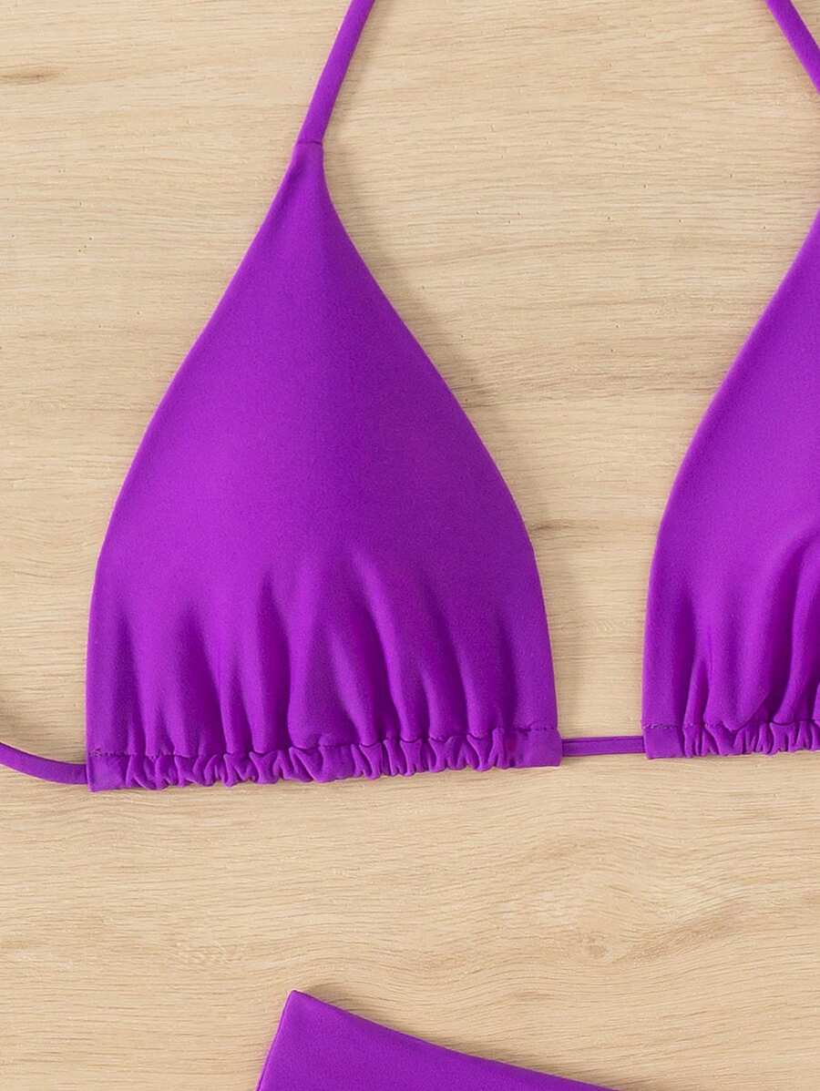 3 Parça Halter Üst + Üçgen Alt + Bağcıklı Şort Bikini Takımı Niebbla
