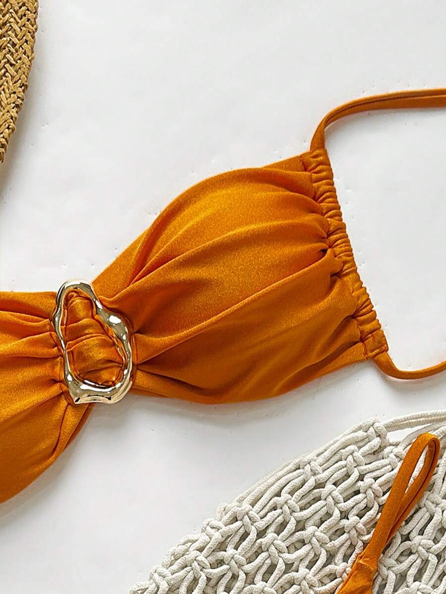 Pembe Straplez Bağcıklı Metal Detaylı Bikini Takımı Niebbla