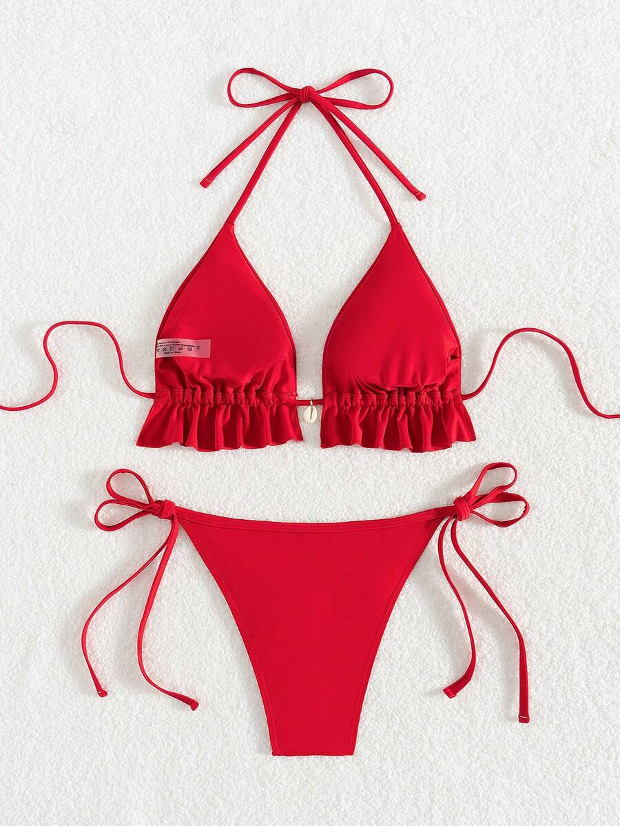 Fırfırlı Askılı Kırmızı Bikini Takımı Niebbla