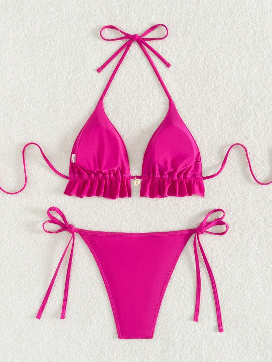 Fırfırlı Askılı Kırmızı Bikini Takımı Niebbla
