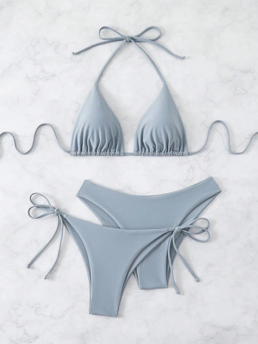 3 Parça Halter Üst + Üçgen Alt + Bağcıklı Şort Bikini Takımı Niebbla