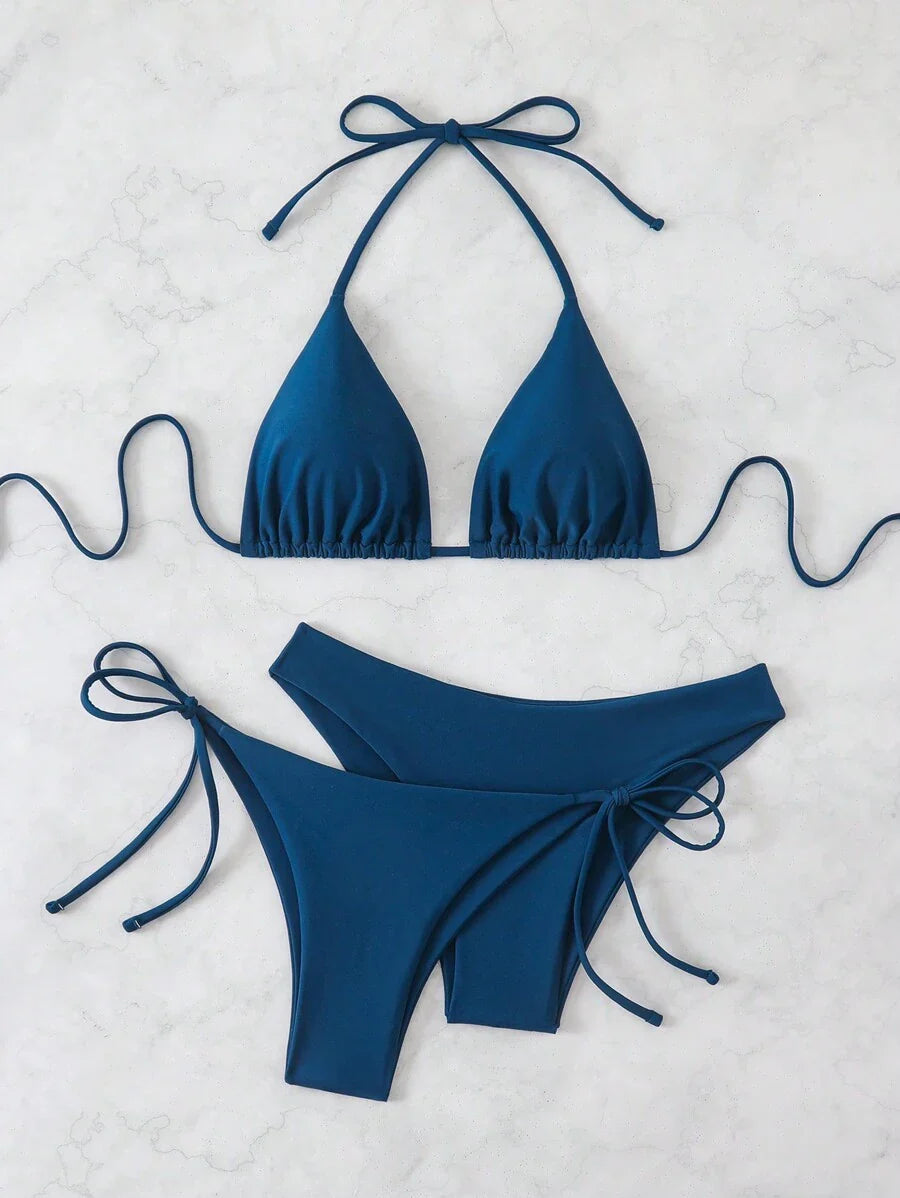 3 Parça Halter Üst + Üçgen Alt + Bağcıklı Şort Bikini Takımı Niebbla