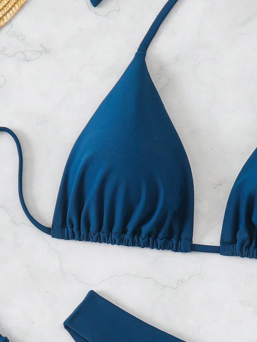 3 Parça Halter Üst + Üçgen Alt + Bağcıklı Şort Bikini Takımı Niebbla