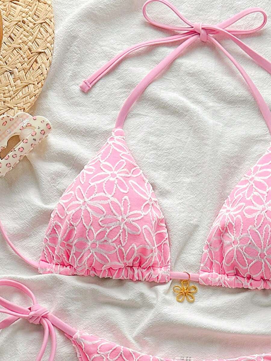 Çiçek Desenli Boyundan Bağlamalı Bikini Ve Bağcıklı Bikini Altı Takımı Niebbla