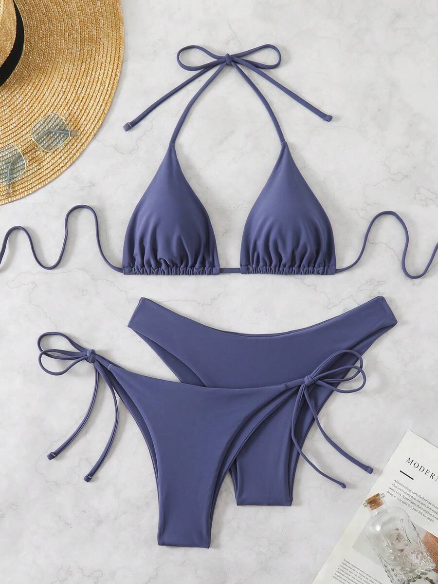 3 Parça Halter Üst + Üçgen Alt + Bağcıklı Şort Bikini Takımı Niebbla