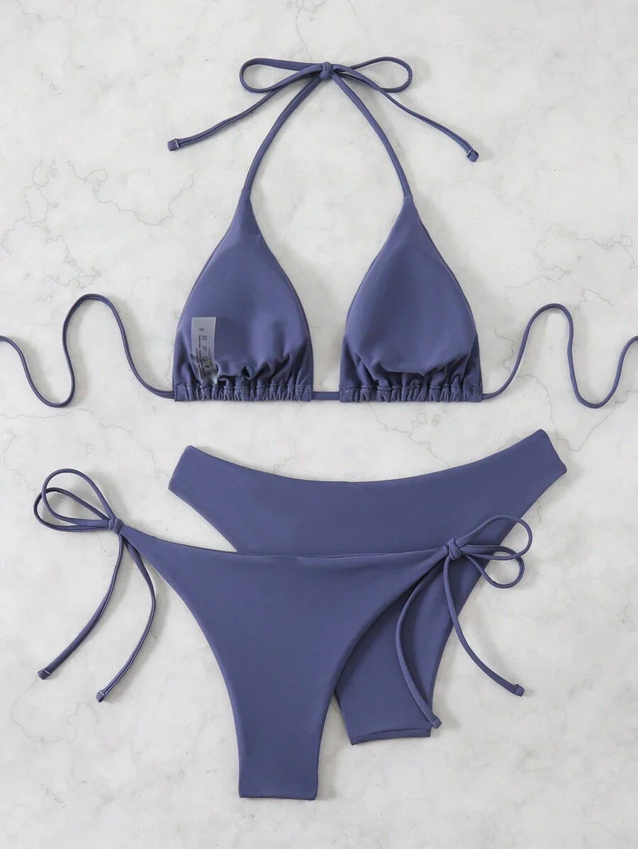 3 Parça Halter Üst + Üçgen Alt + Bağcıklı Şort Bikini Takımı Niebbla