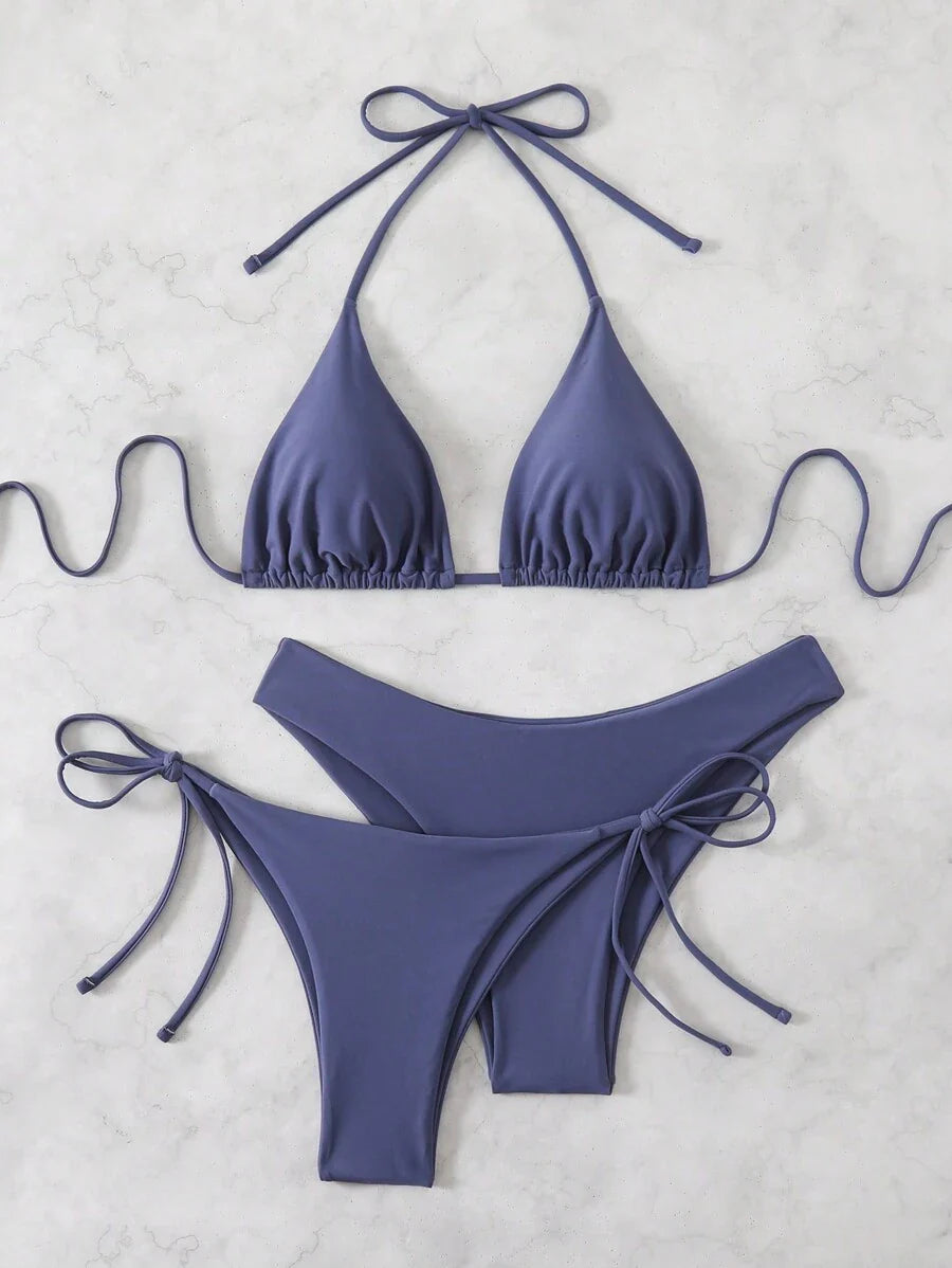 3 Parça Halter Üst + Üçgen Alt + Bağcıklı Şort Bikini Takımı Niebbla