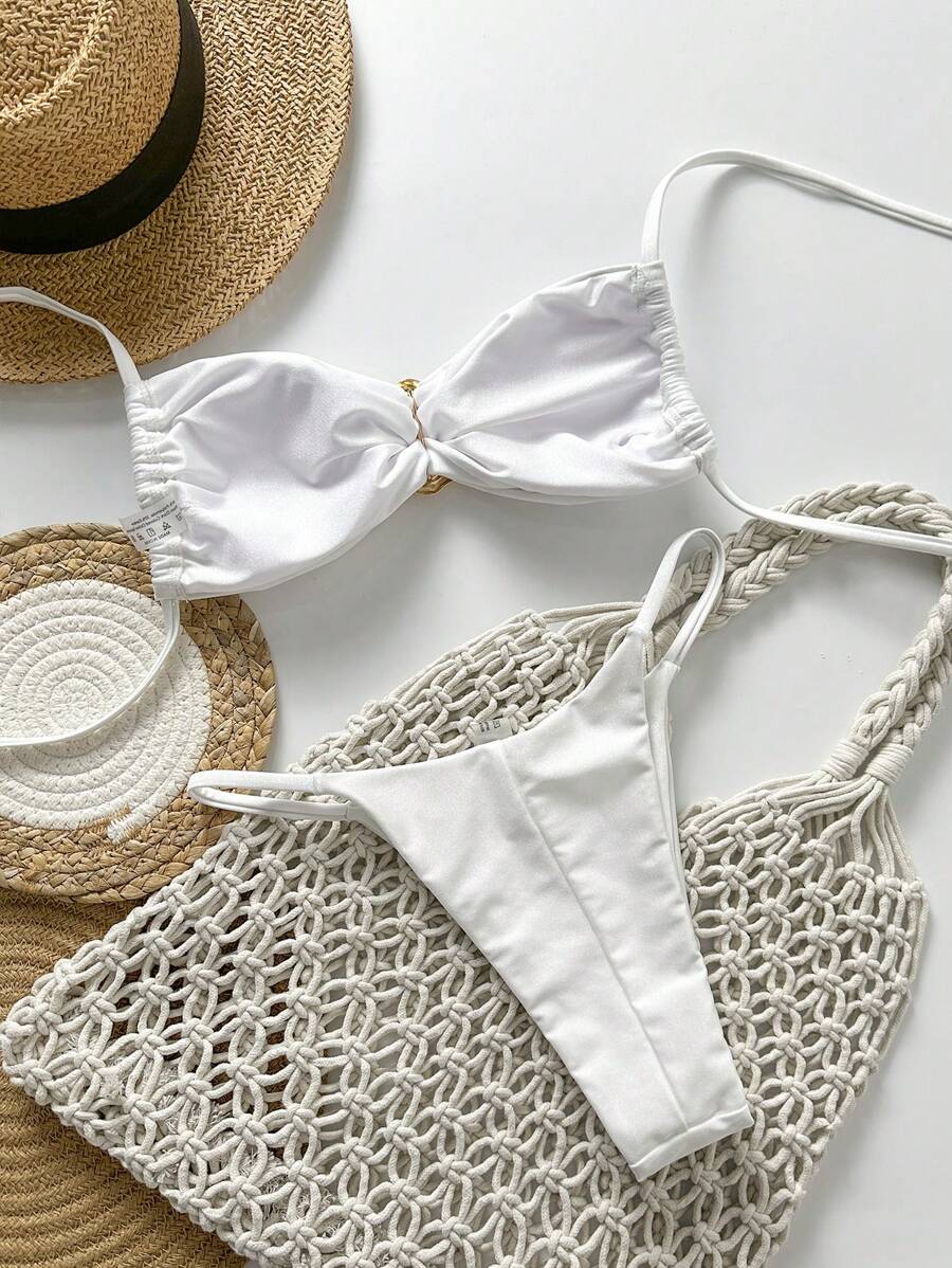 Pembe Straplez Bağcıklı Metal Detaylı Bikini Takımı Niebbla