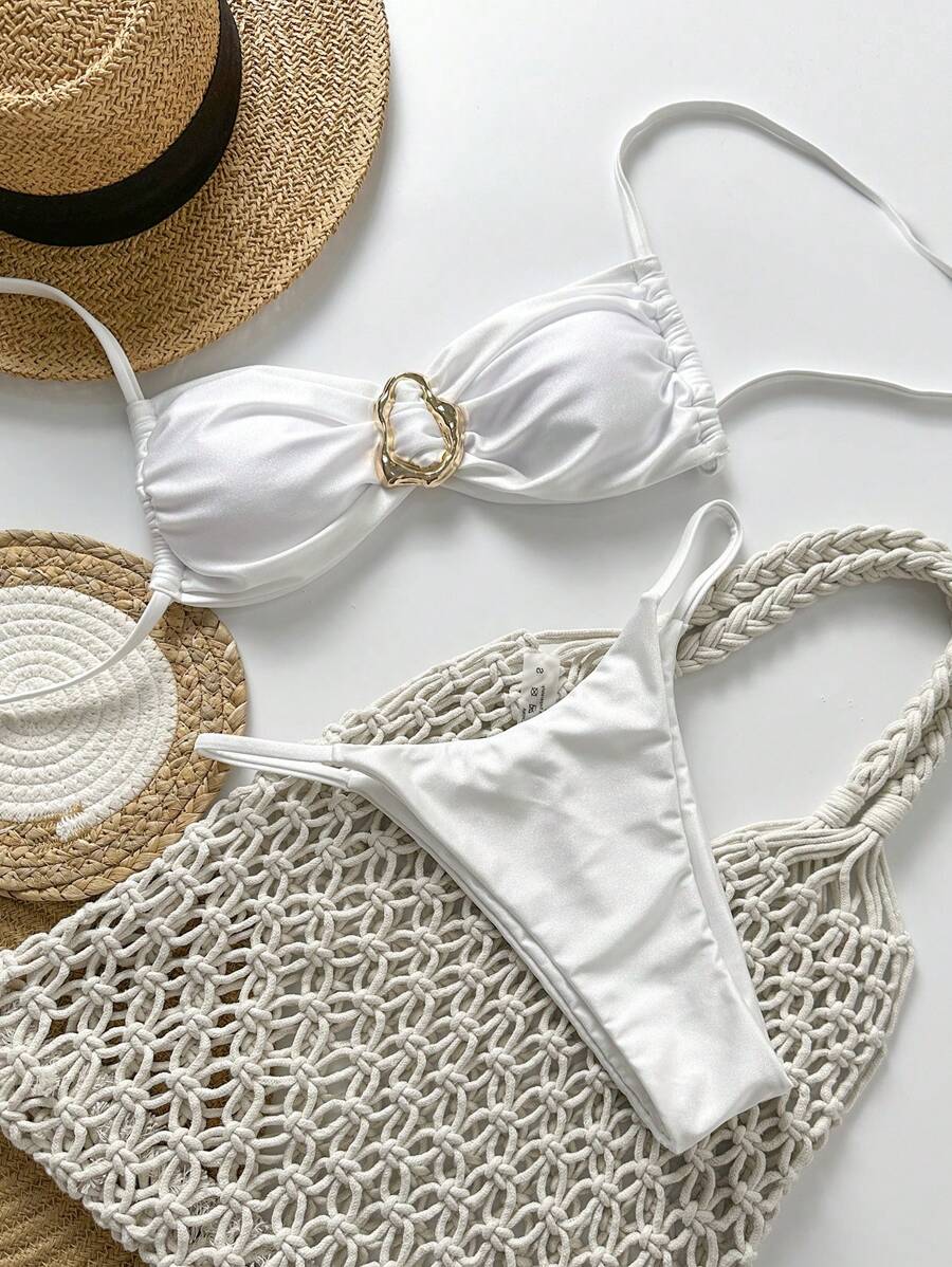 Pembe Straplez Bağcıklı Metal Detaylı Bikini Takımı Niebbla