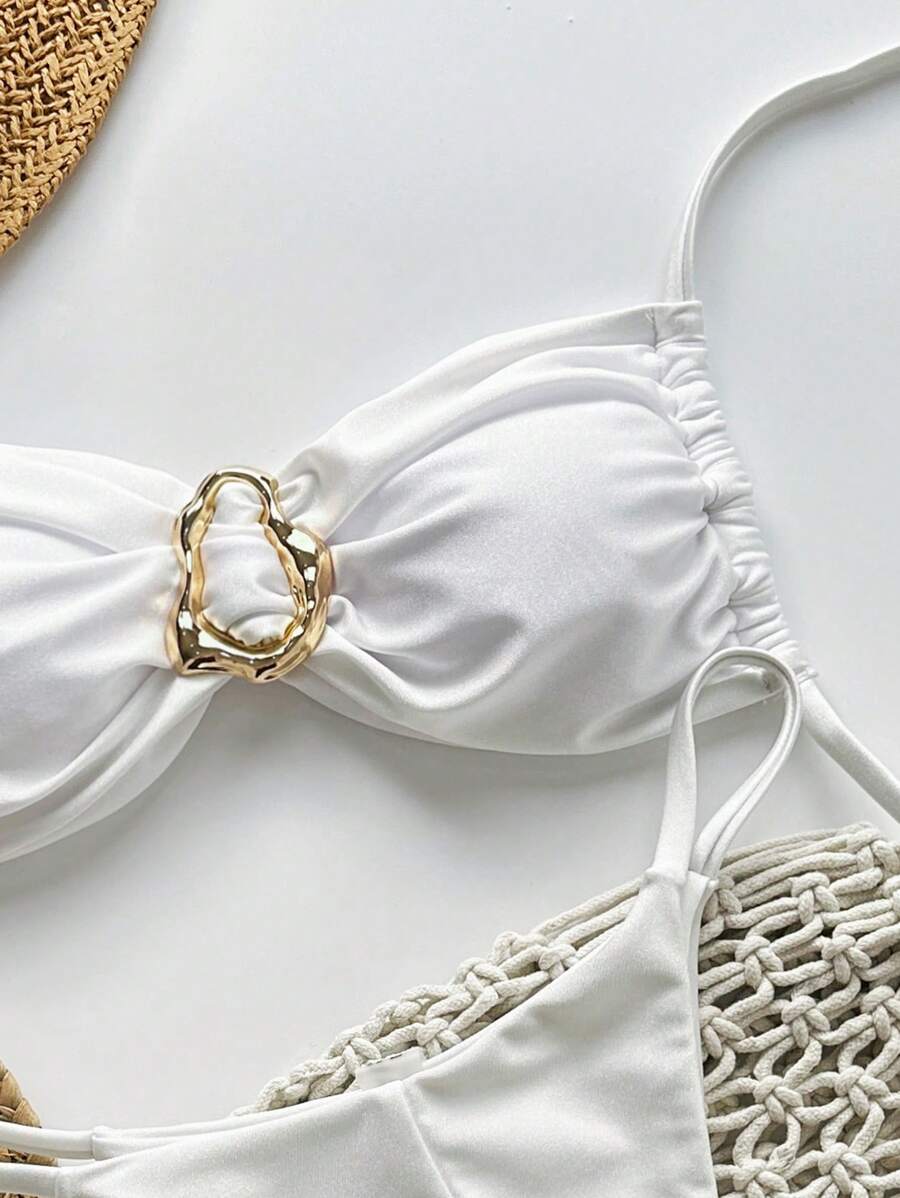 Pembe Straplez Bağcıklı Metal Detaylı Bikini Takımı Niebbla