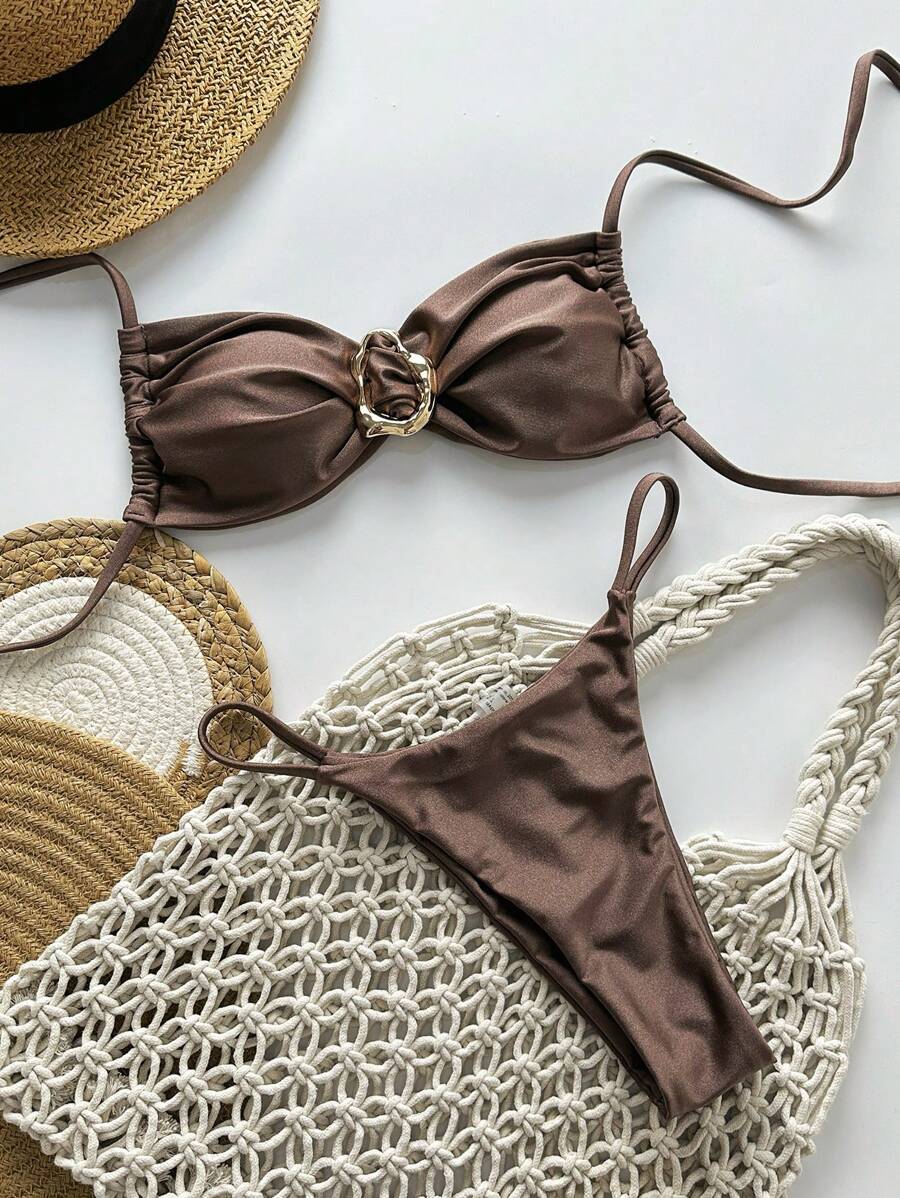 Pembe Straplez Bağcıklı Metal Detaylı Bikini Takımı Niebbla